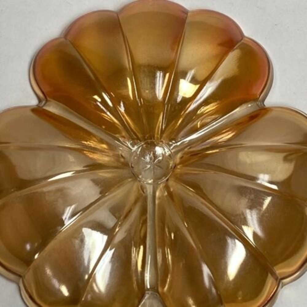 Jeannette Glass Marigold Iridescent Carnival Glass Doric Clover Leaf Candy Dish - Picture 7 of 11